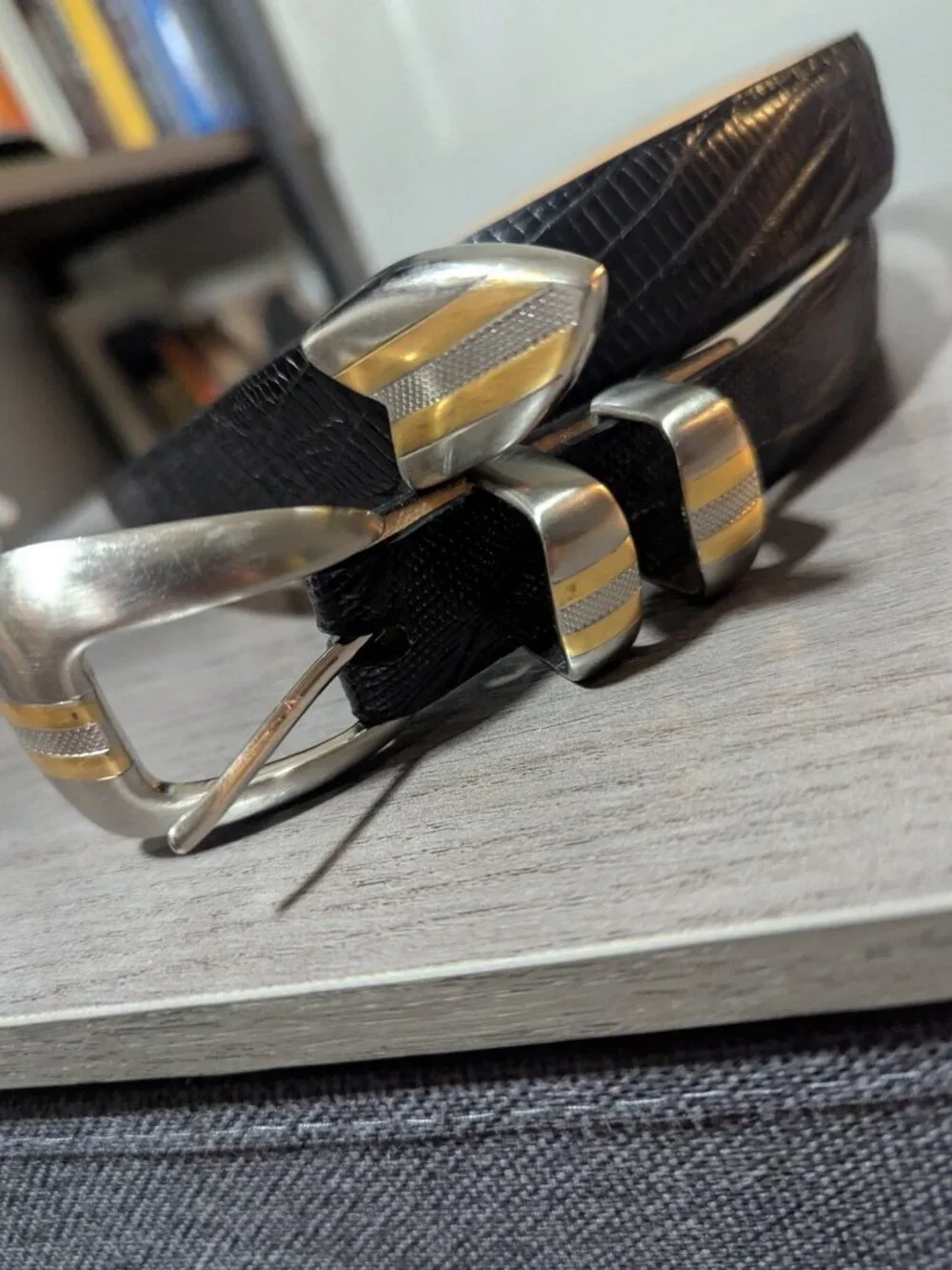 Vintage Lizard print belt two toned metal - Size 44 genuine calfskin leather
